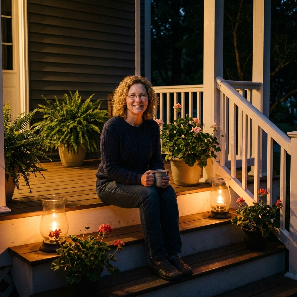 A front porch at night with two glass hurricane lamps placed safely to the side of the steps, each with a small flame inside, casting warm light on white railings and potted plants
