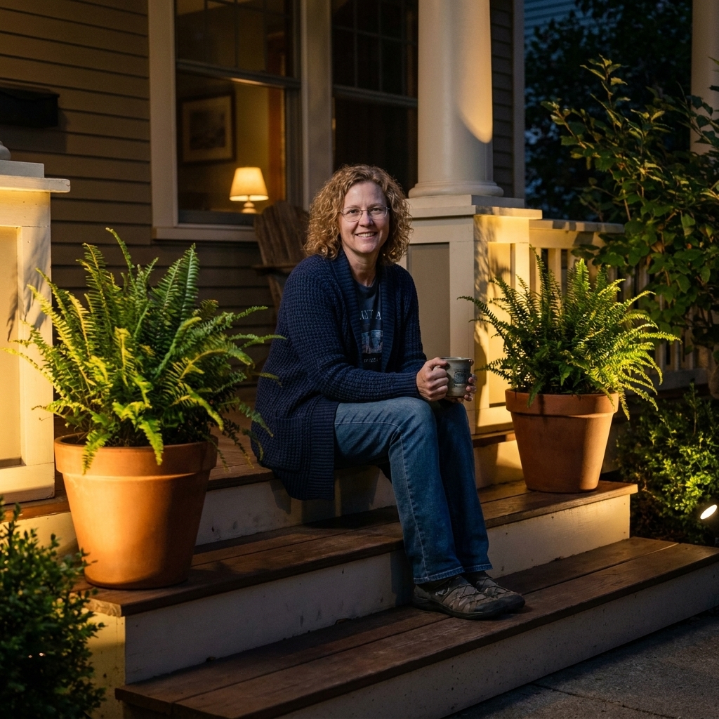 A front porch at night with two large potted plants near the steps and gentle landscape uplights highlighting the greenery and porch columns, realistic photograph