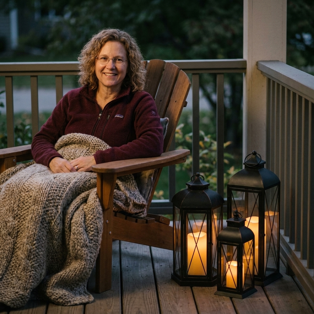 A front porch corner with three black metal lanterns holding warm flameless candles beside a chair with a thick blanket at dusk