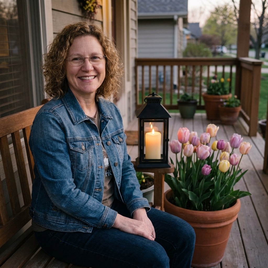 A front porch in early evening light with a black metal lantern glowing warmly beside a pot of pastel tulips and a small bench with light pillows