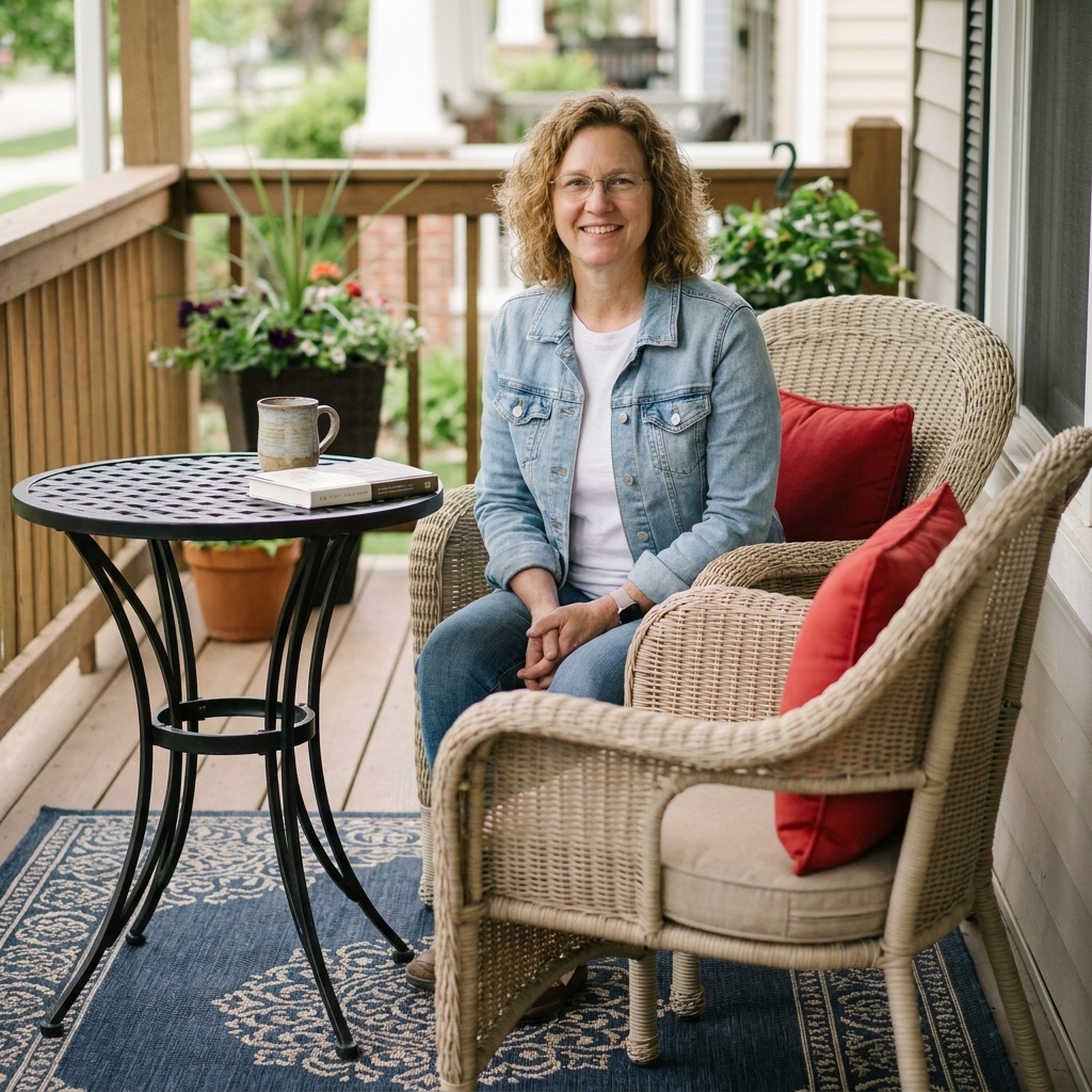A front porch seating area with a navy patterned outdoor rug under a small bistro set, two neutral chairs, and a couple of red accent pillows