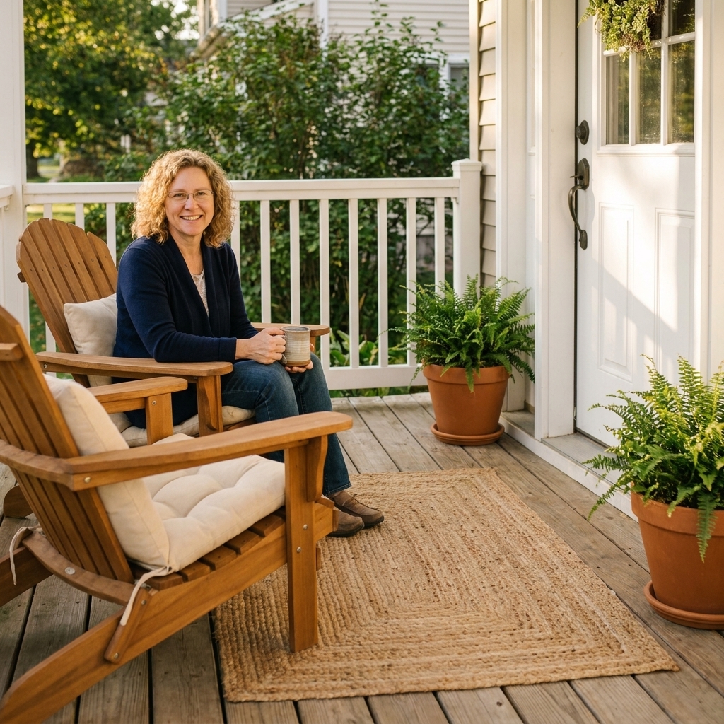 A front porch with one chair on each side of the front door, matching cushions, a simple outdoor rug, and two medium planters framing the entry