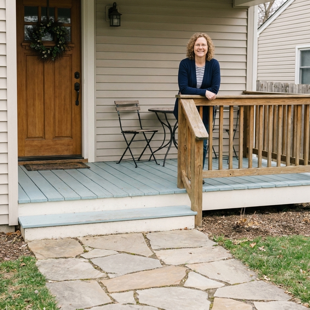 A front porch with painted floorboards, a small round bistro table set to the side of a front door, and a clear pathway from the door to the steps