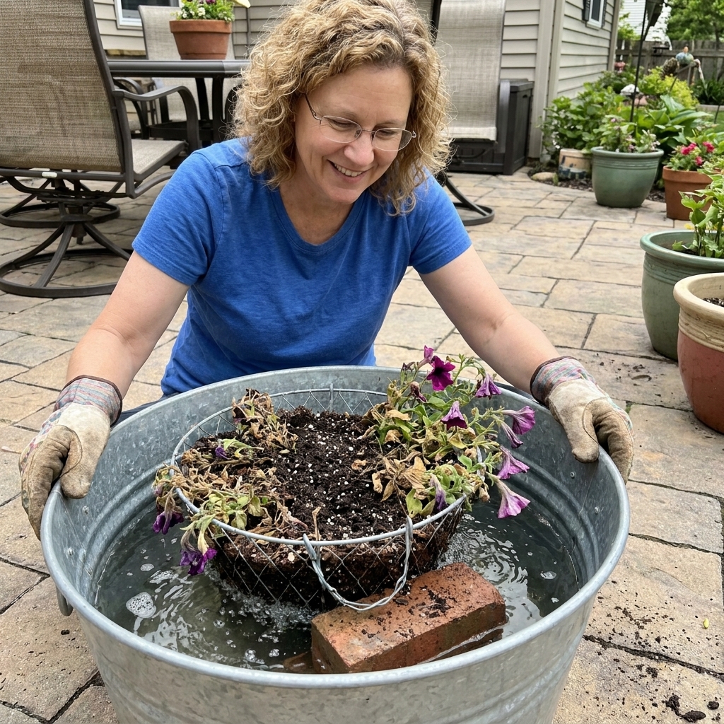 A hanging flower basket sitting in a large bucket of water on a patio, soaking so the dry potting mix can rehydrate