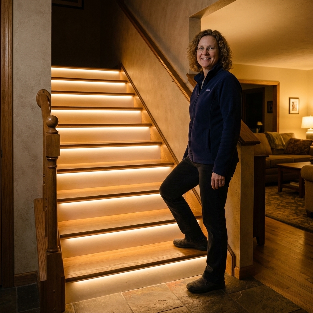 A home entry with subtle step lights installed along the stair risers, creating an even glow across each step surface at night, realistic photograph