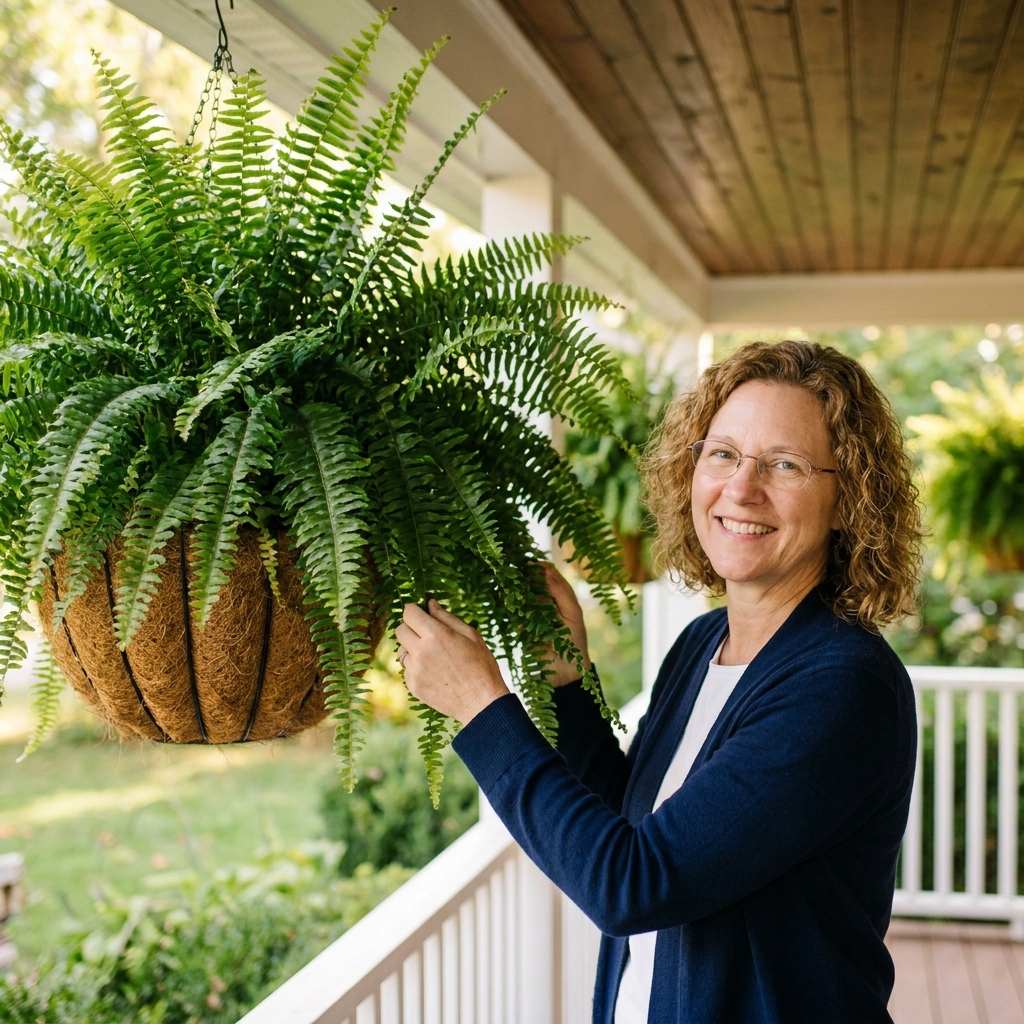 A large Boston fern spilling from a hanging basket on a covered porch near a white railing