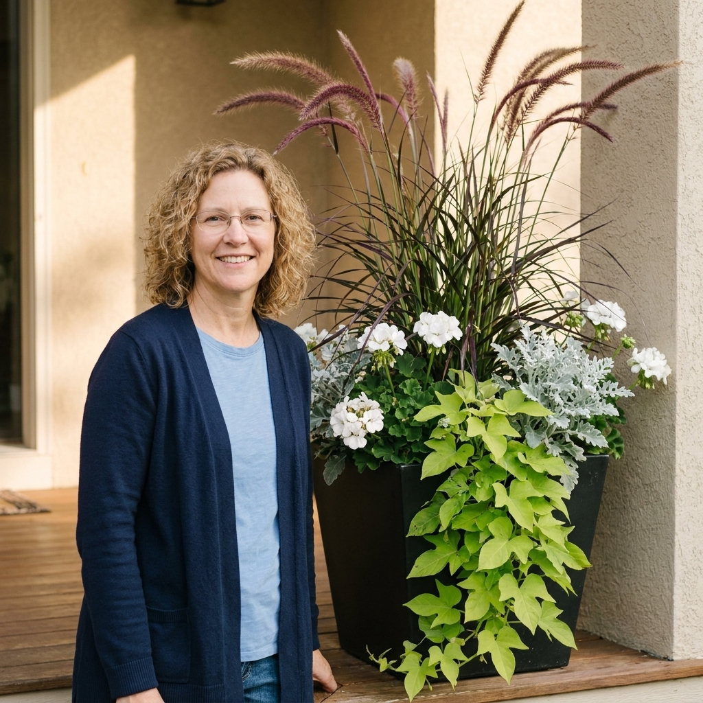 A large black front porch planter with purple fountain grass in the center, white geraniums and silvery dusty miller filling the base, and lime green sweet potato vine trailing over the edge