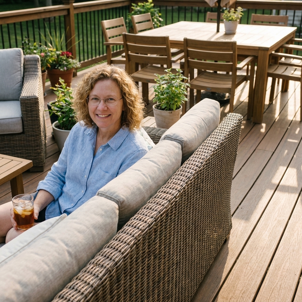A large deck where the back of an outdoor sofa faces a dining set, subtly dividing a lounge seating area from a dining zone