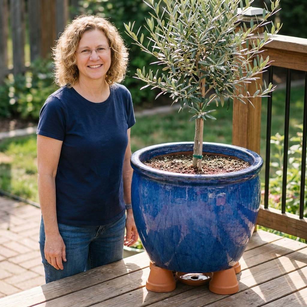 A large glazed ceramic planter with a small tree on a wooden deck, sitting on pot feet with visible drainage space underneath