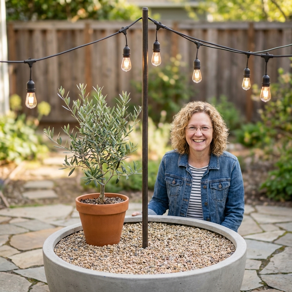 A large outdoor planter filled with gravel and a potted plant, with a tall metal pole rising from the center to support patio string lights