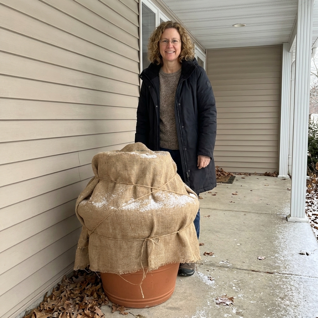 A large patio planter wrapped in burlap for winter protection, set against a house wall on a covered porch
