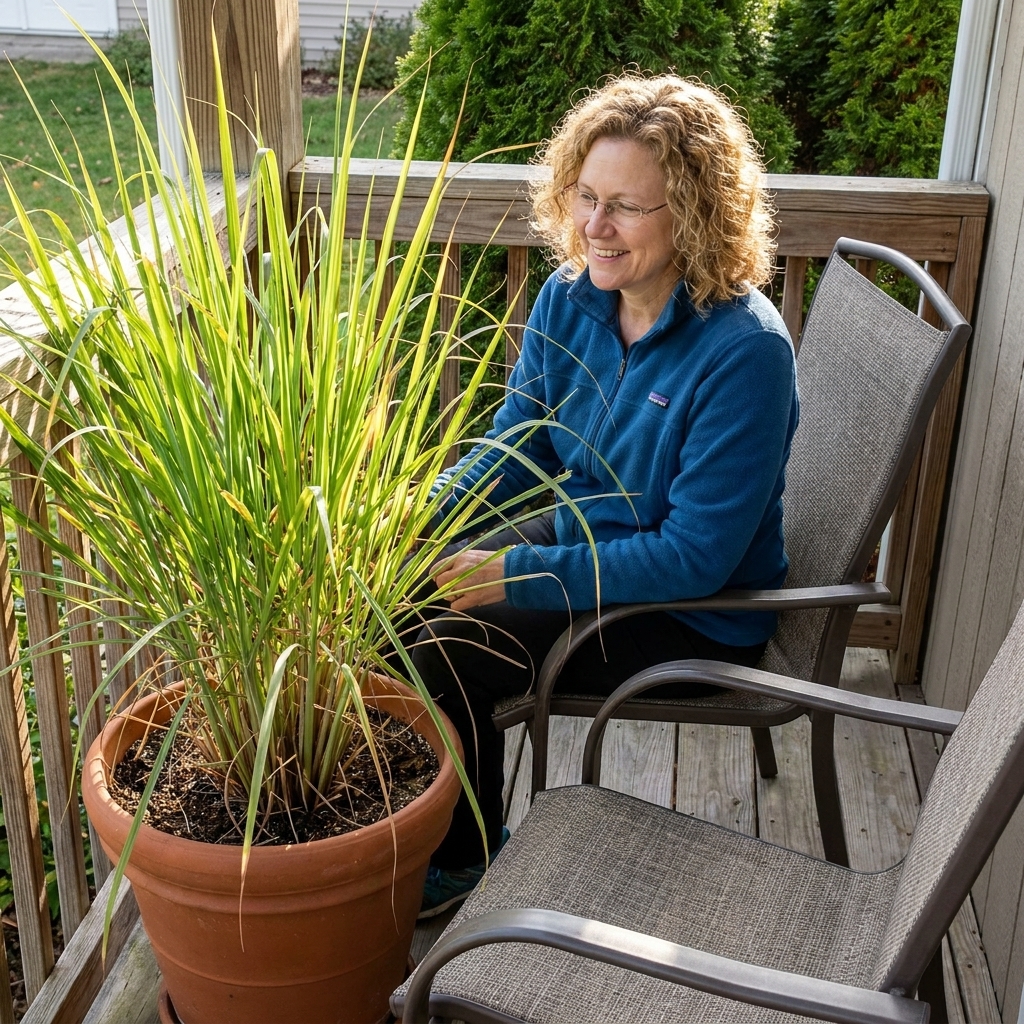 A large pot of lemongrass placed beside two patio chairs on a small porch.