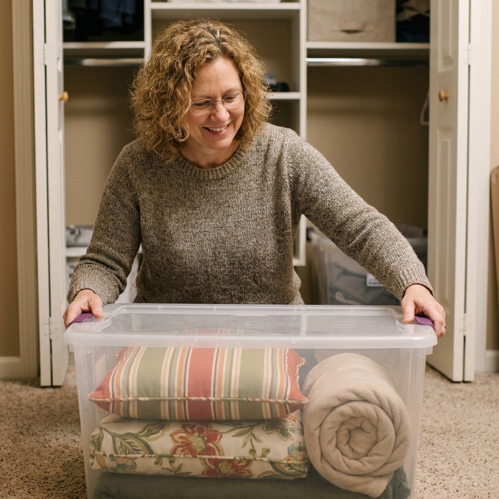 A latching storage tote filled with neatly folded outdoor pillow covers and a lightweight throw blanket, ready for closet storage