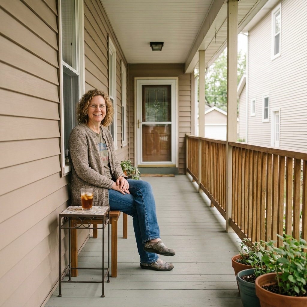 A long, narrow front porch with a slim wood bench against the siding, a small drink table at one end, and an open walking lane along the porch railing leading to the front door