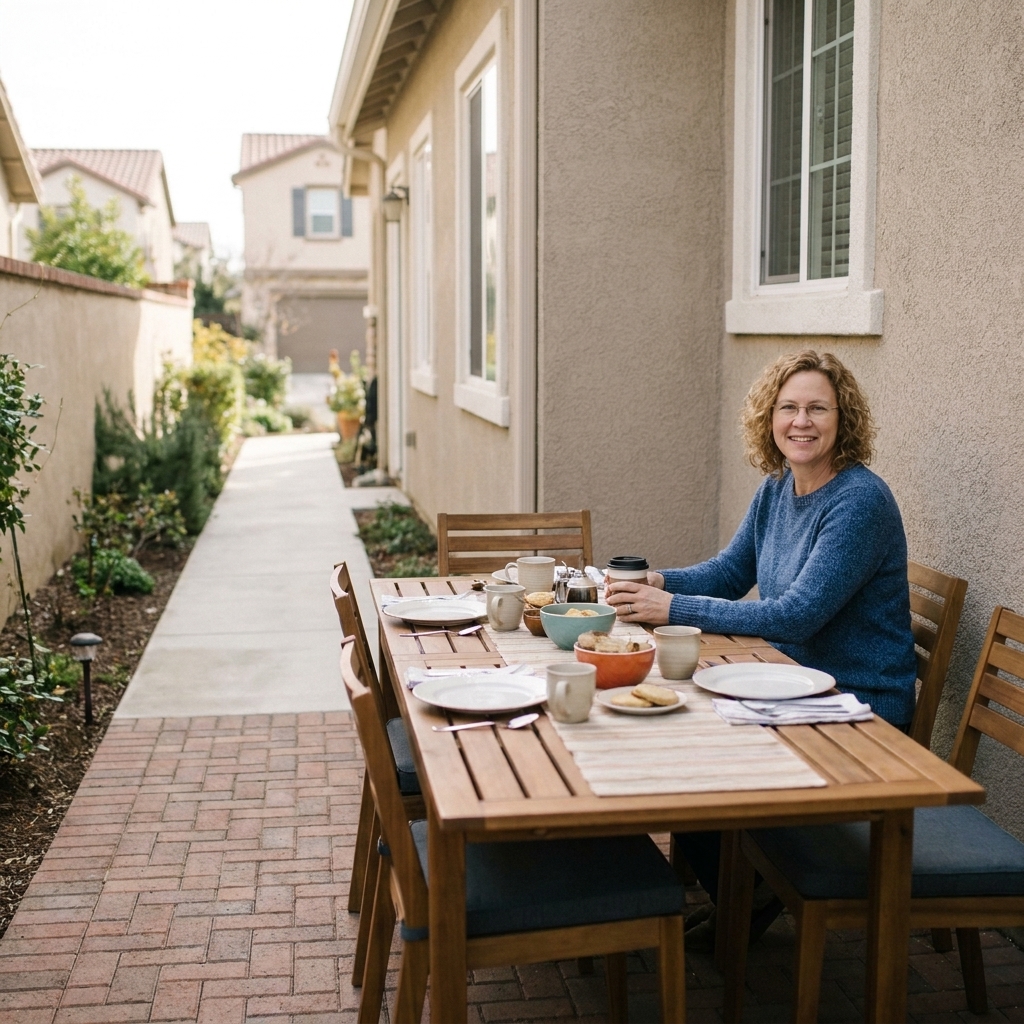 A long narrow patio with a rectangular outdoor dining table placed parallel to the house, chairs on both long sides, and a clear walkway along one edge