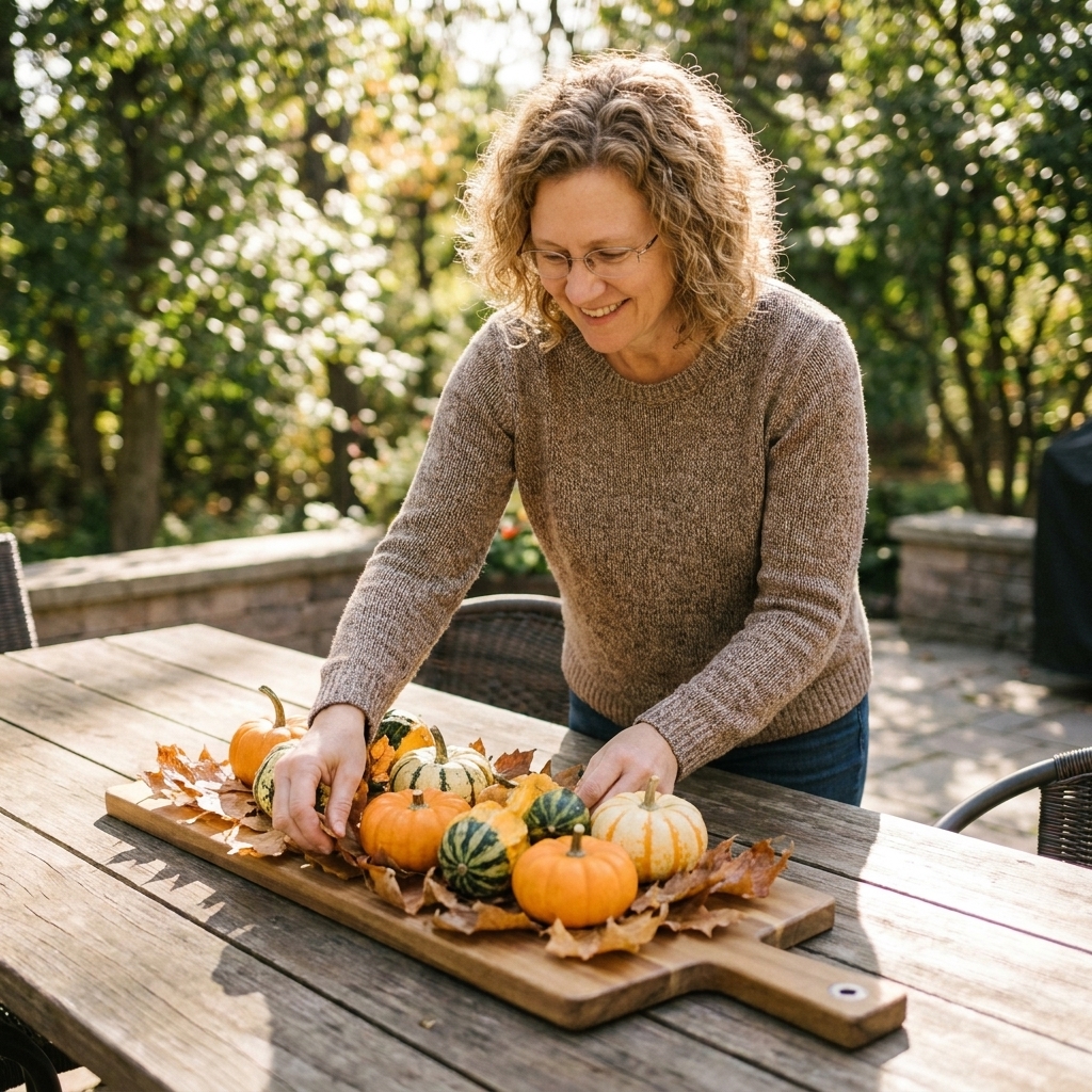 A low fall centerpiece on a long wooden board with mini pumpkins, mixed gourds, and dried leaves tucked between them on an outdoor dining table