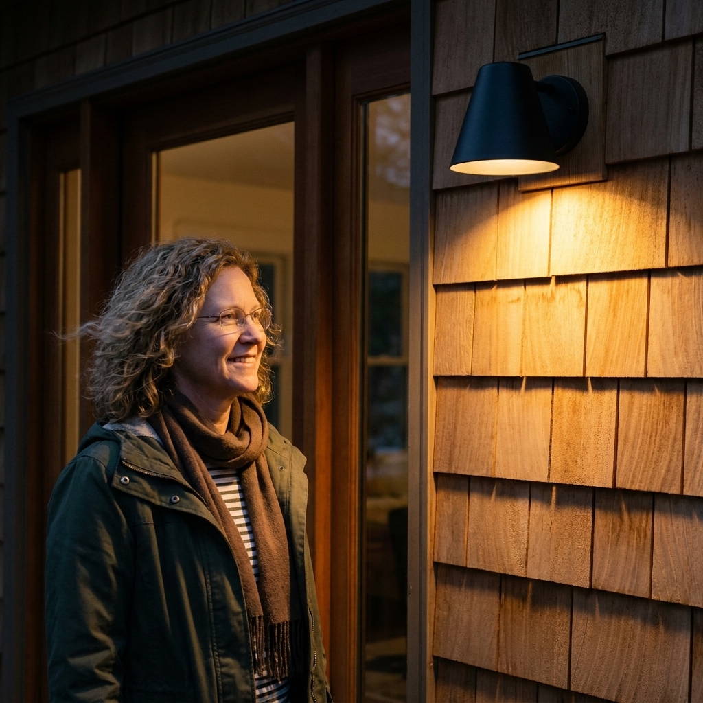 A matte black fully shielded downlight wall sconce mounted beside a porch door, with warm light aimed downward onto the siding