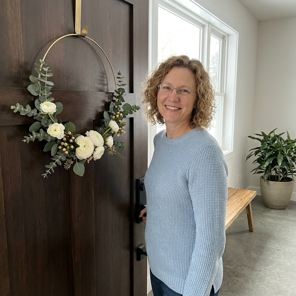 A modern entryway with a thin brass floral hoop on the front door, decorated with a small cluster of greenery and white flowers