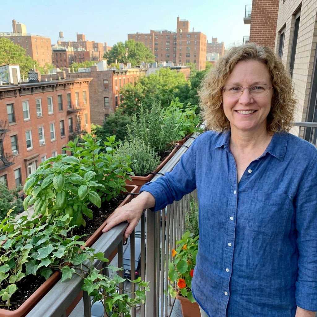 A narrow apartment balcony railing lined with slim railing planters overflowing with herbs and trailing greenery, with a city view beyond