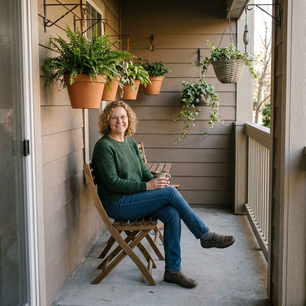 A narrow front porch with a small seating area and several hanging planters mounted on the wall above, keeping the floor space clear for walking