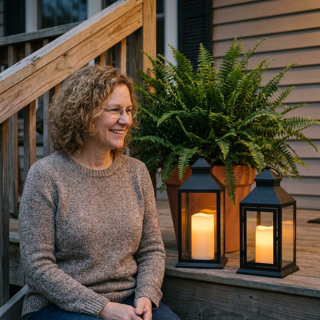A pair of black metal lanterns with flameless candles glowing on a front porch step beside a potted fern at dusk