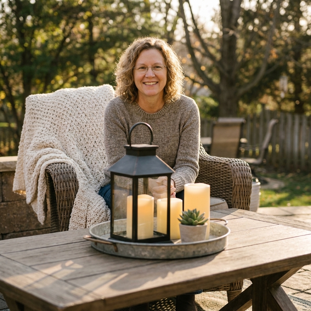A patio coffee table styled with a black metal lantern, flameless candles on a round tray, and a cozy outdoor throw blanket draped over a chair in the background