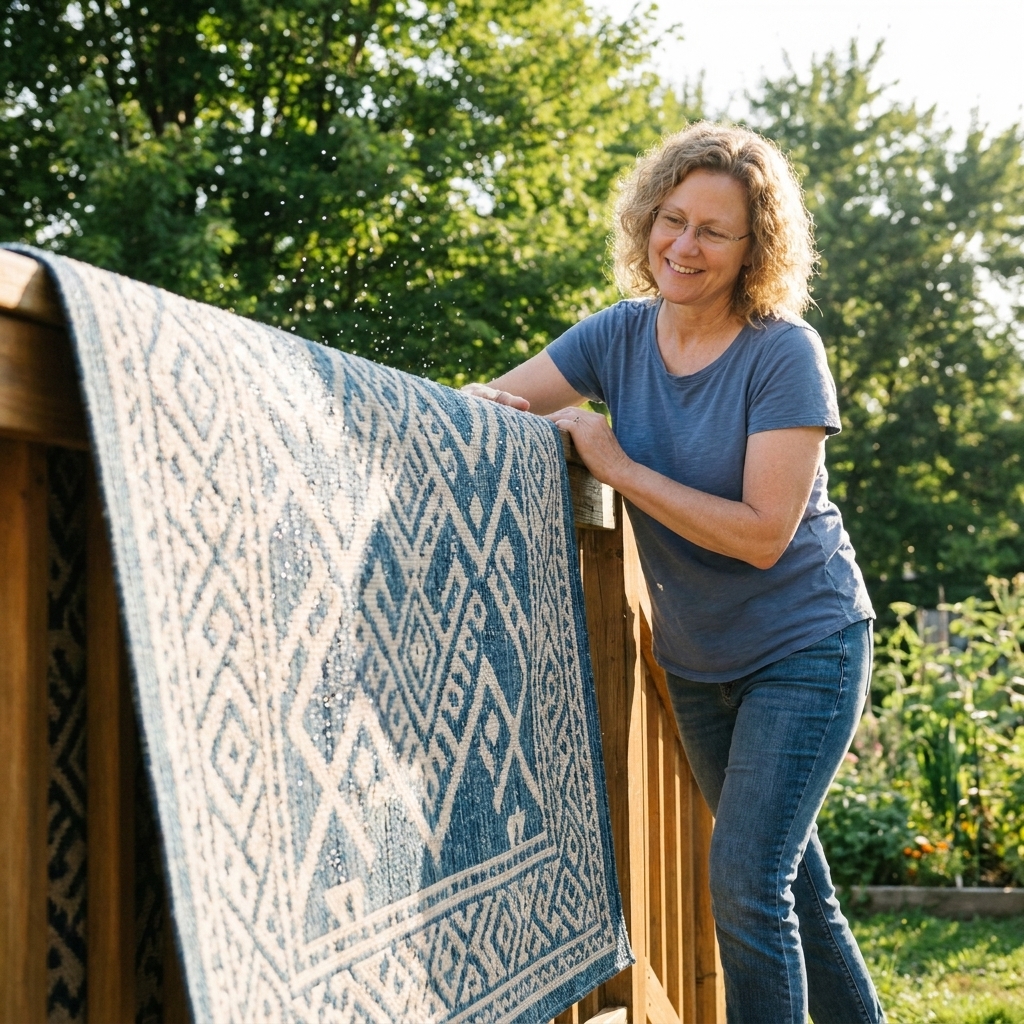 A patterned outdoor rug draped over a porch railing to dry in the sun after being cleaned