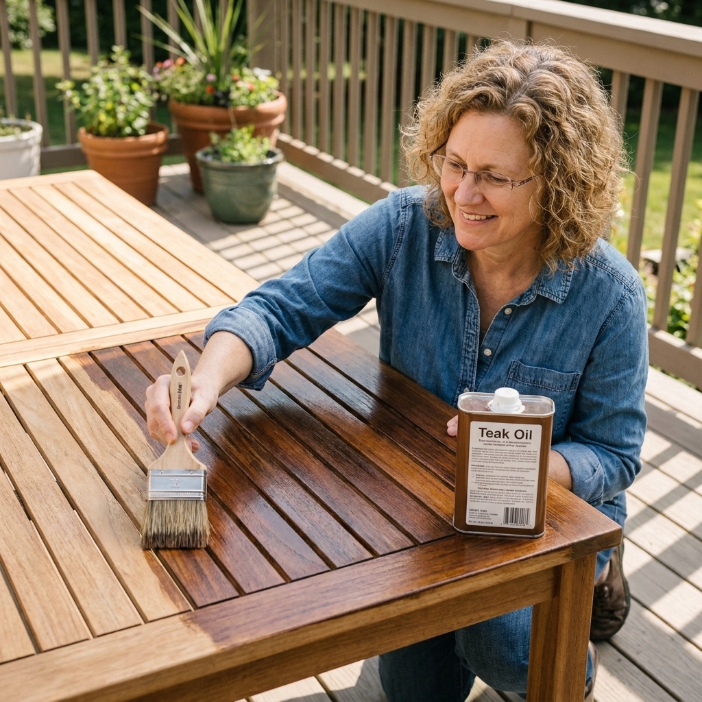 A person applying teak oil with a brush to a wooden outdoor table on a deck, with the wood showing a richer color where the oil has been applied