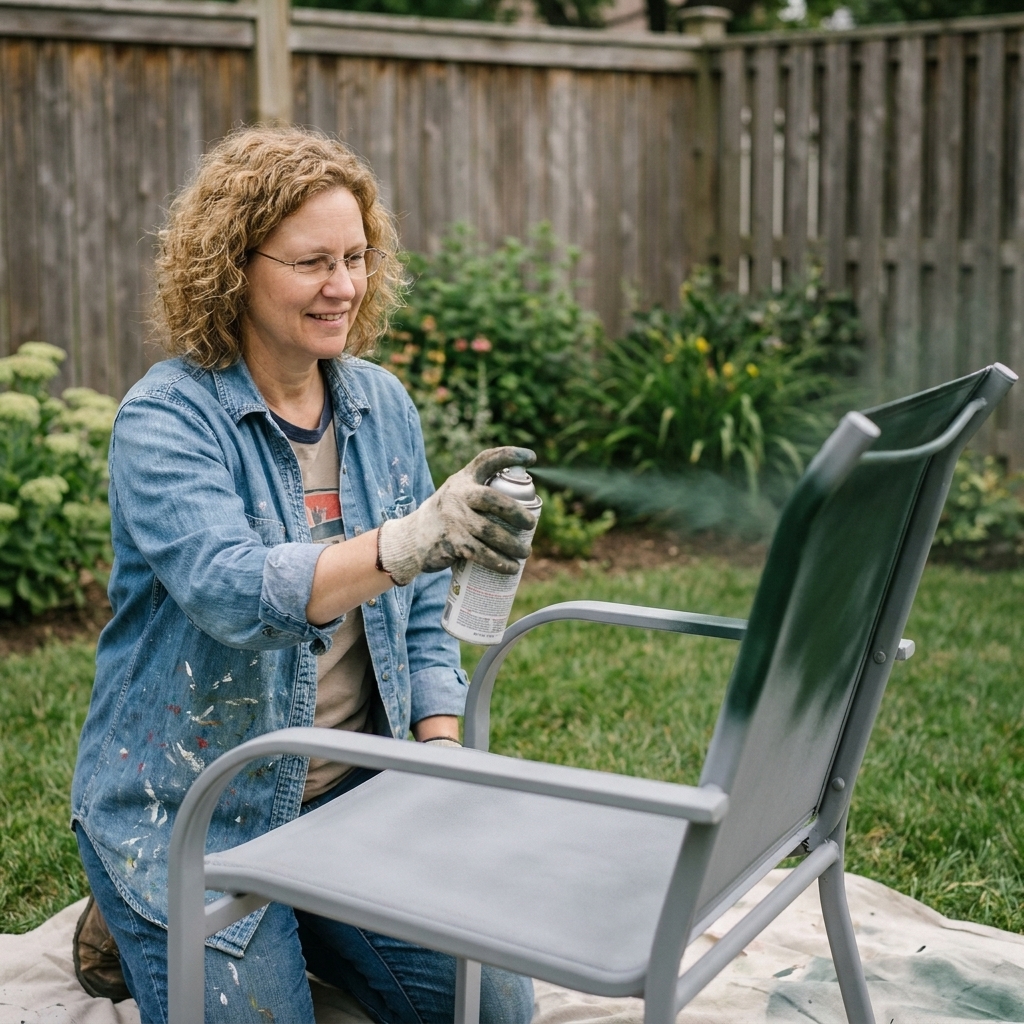 A person spray painting a primed metal patio chair in a backyard, holding the can at an even distance and spraying in smooth passes