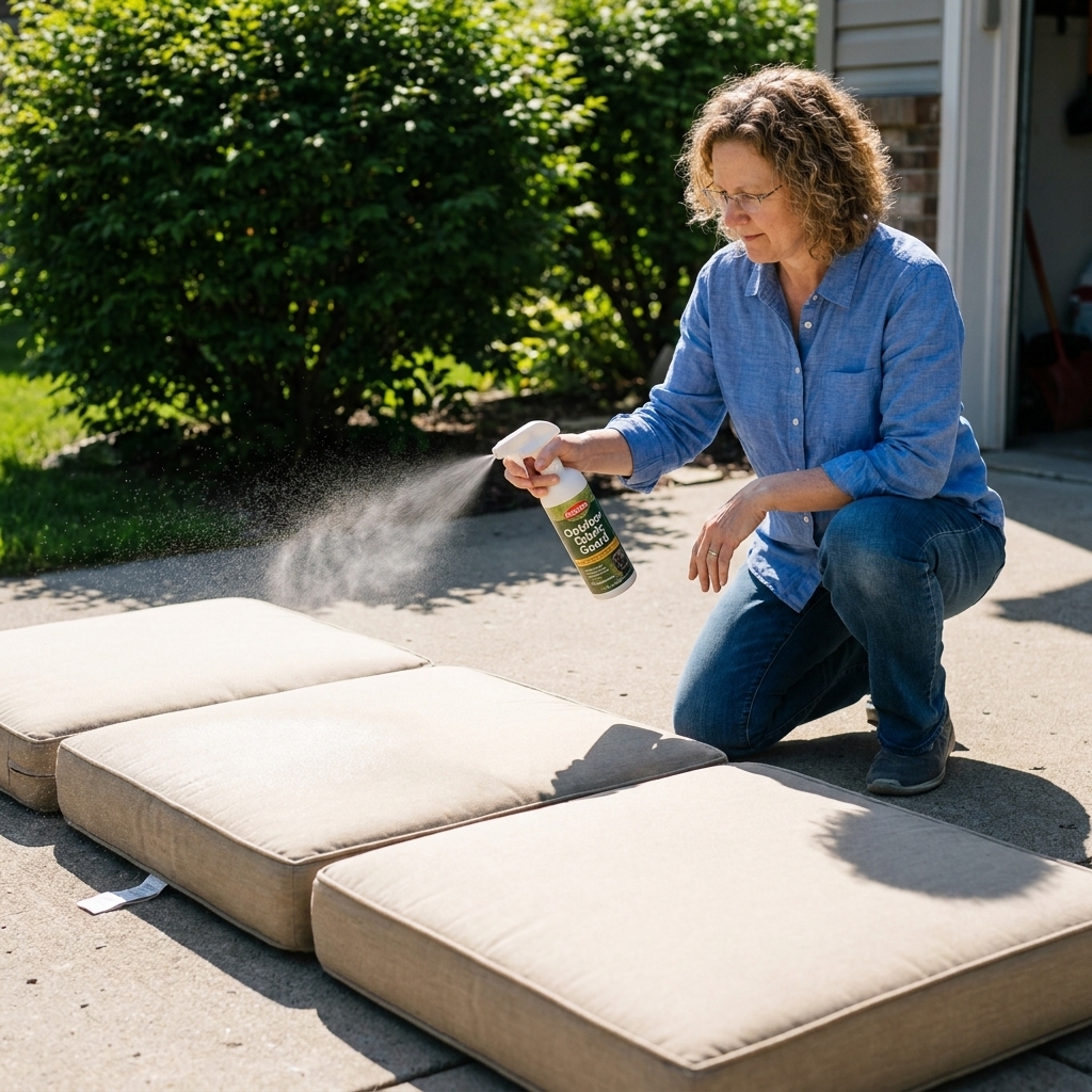 A person spraying fabric protectant onto beige outdoor seat cushions laid out on a clean driveway in bright daylight