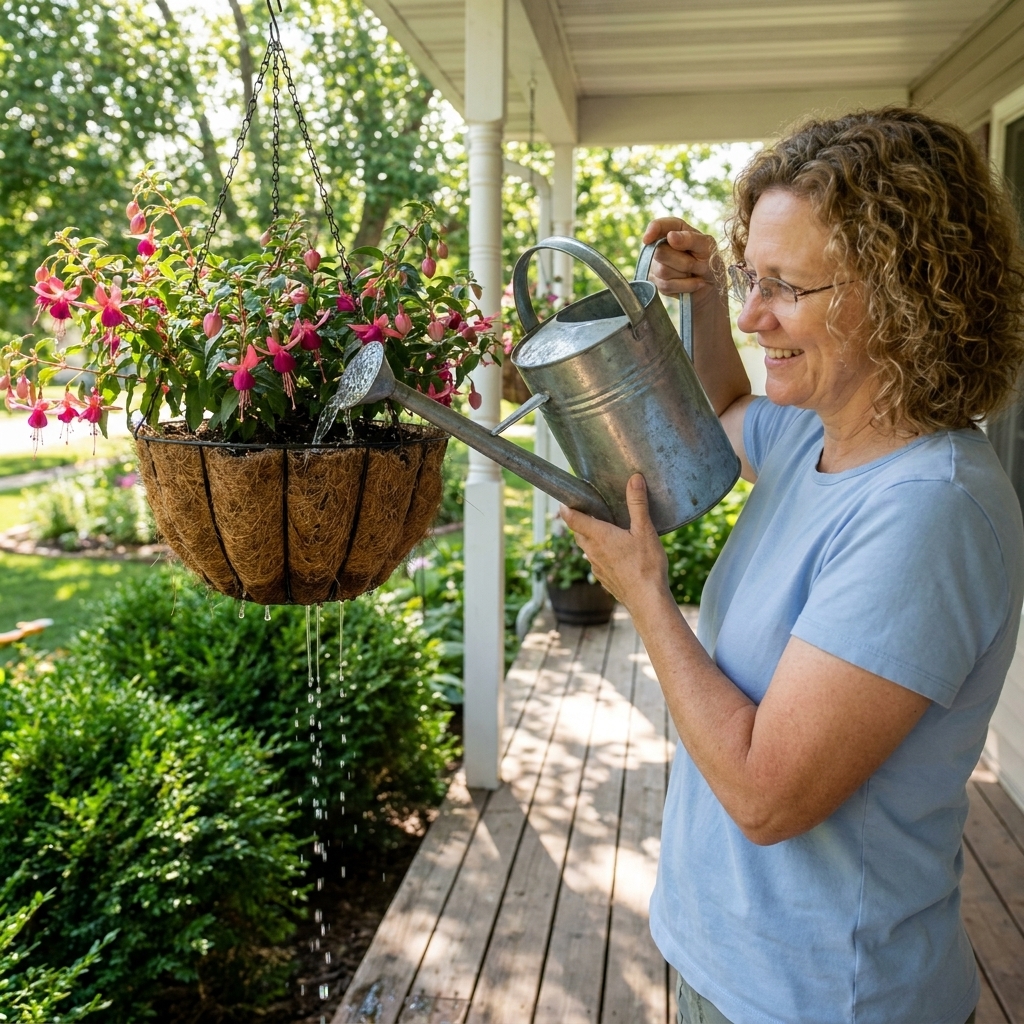 A person watering a hanging basket on a front porch with a long-spout watering can, water draining from the bottom in summer