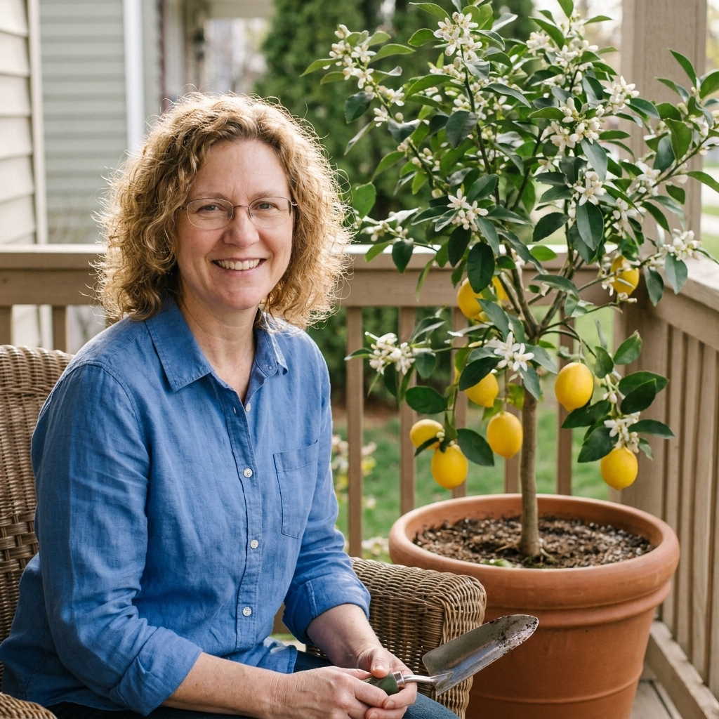 A potted Meyer lemon tree on a front porch with white blossoms and a few yellow lemons, placed beside a wicker chair