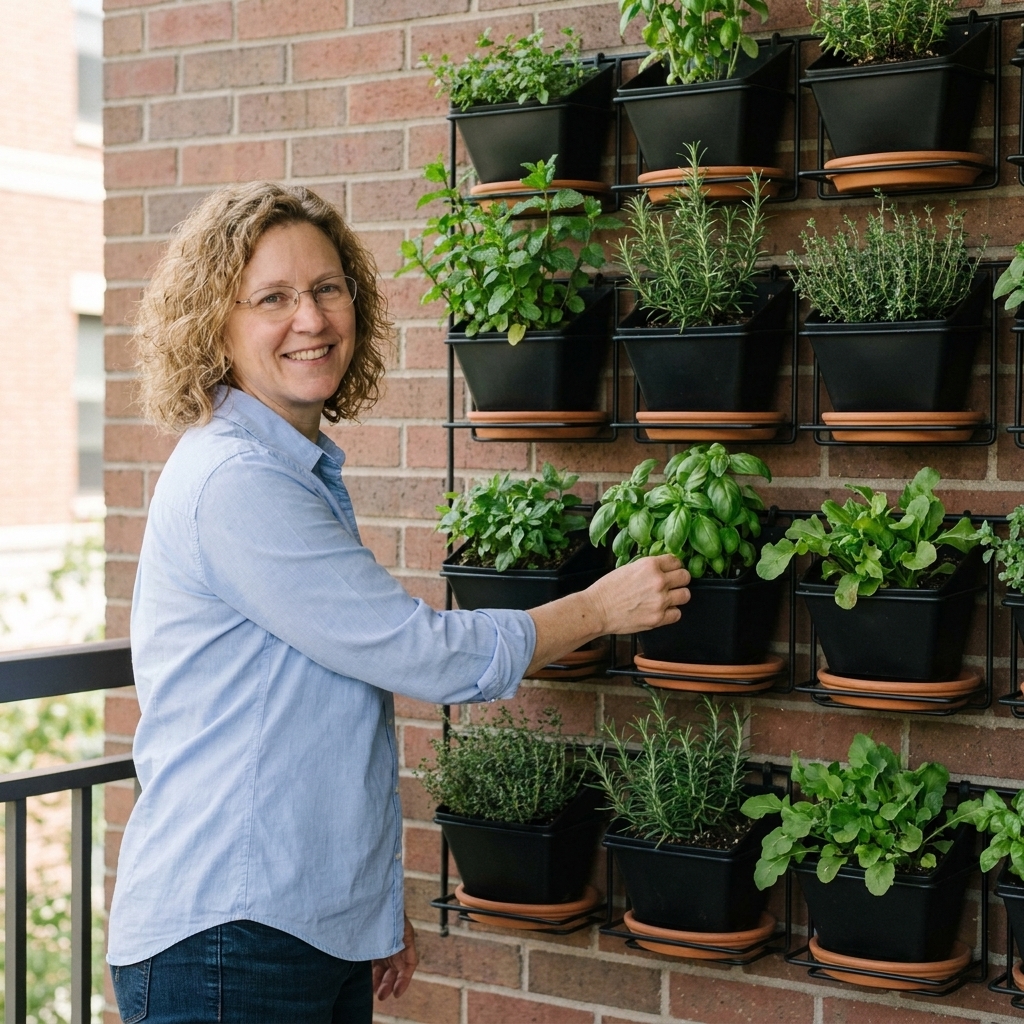 A real-life apartment patio wall with a neat grid of wall-mounted planters filled with herbs and leafy plants, each with a simple drip tray underneath
