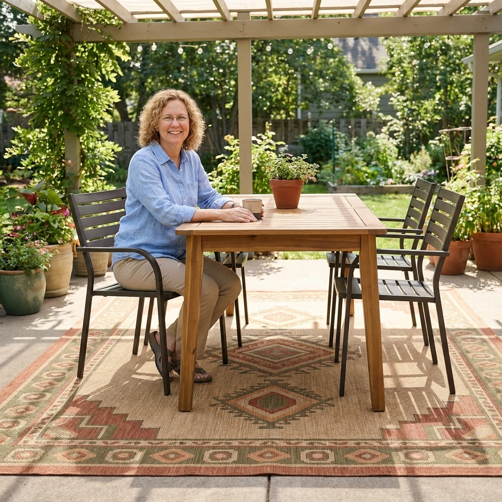 A rectangular outdoor rug under a patio dining table with chairs pulled out slightly, showing enough rug space for chair legs to stay on the rug
