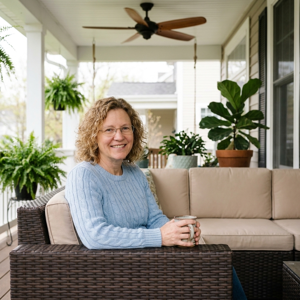 A resin wicker sectional with light cushions on a covered front porch with a ceiling fan and leafy plants