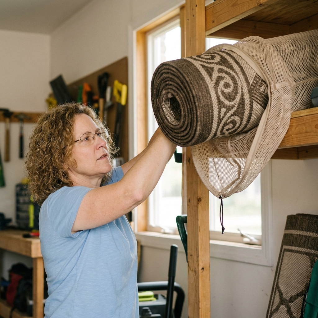 A rolled outdoor rug slid into a breathable storage bag and placed on a high shelf to keep it dry and protected