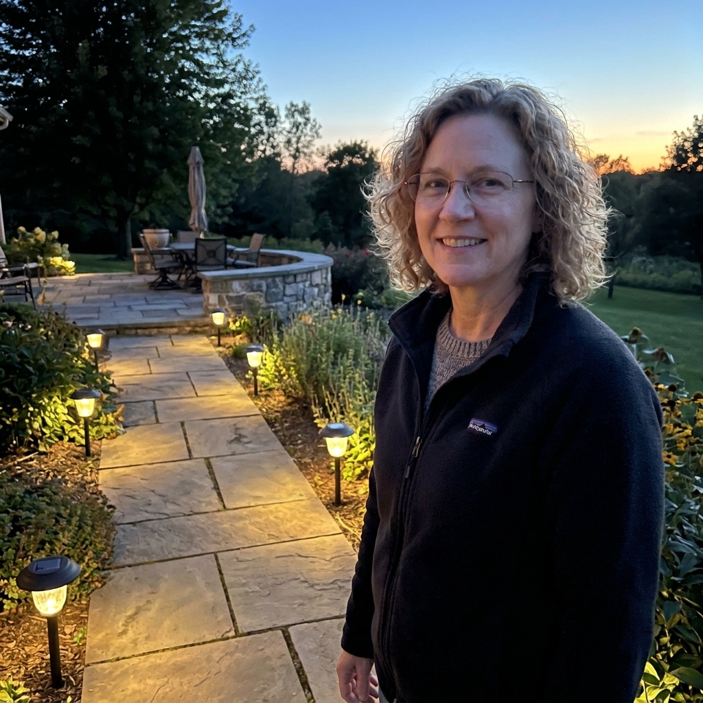A row of solar pathway lights lining a stone walkway leading to a patio, glowing warmly at dusk