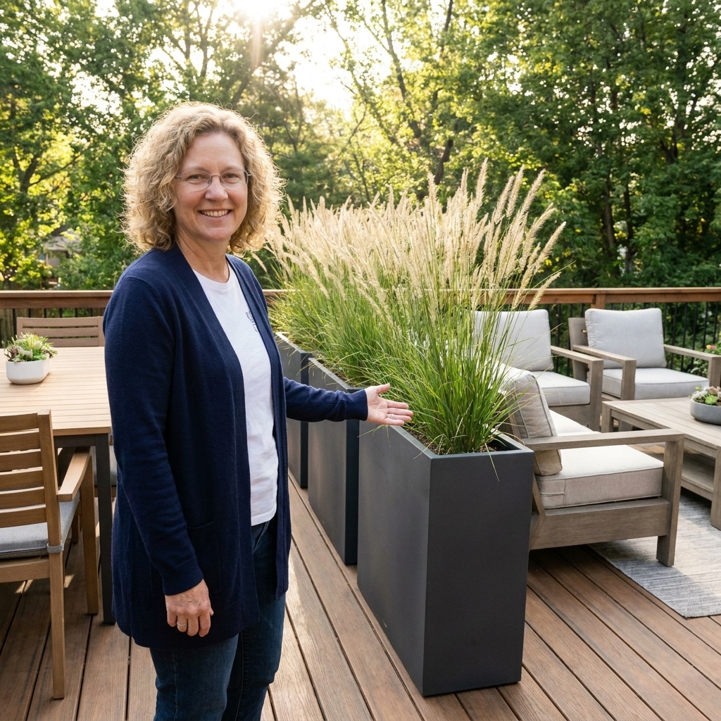 A row of tall outdoor planters with ornamental grasses creating a soft divider between a deck dining area and a separate lounge seating area