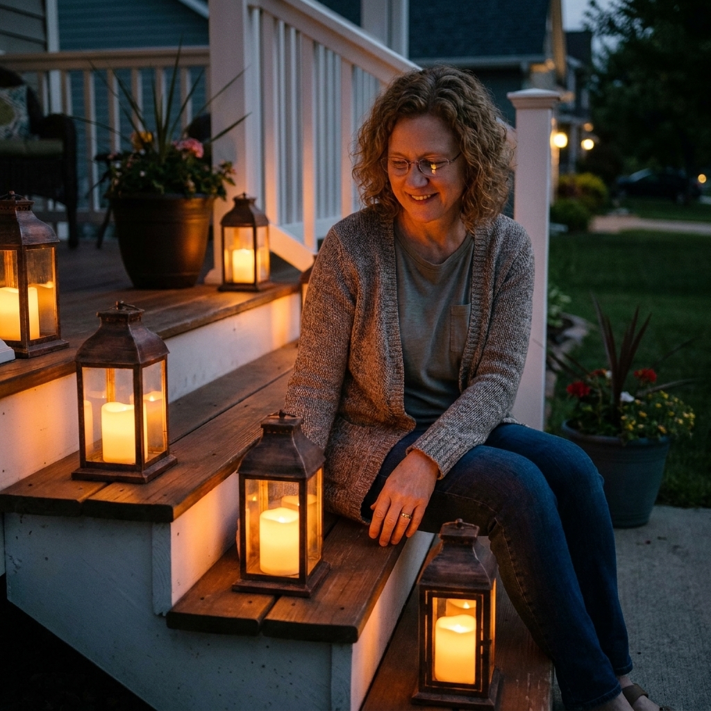 A set of front porch steps at dusk with weather-resistant lanterns placed on alternating steps, each lantern lit with warm flameless candles creating a soft path of light