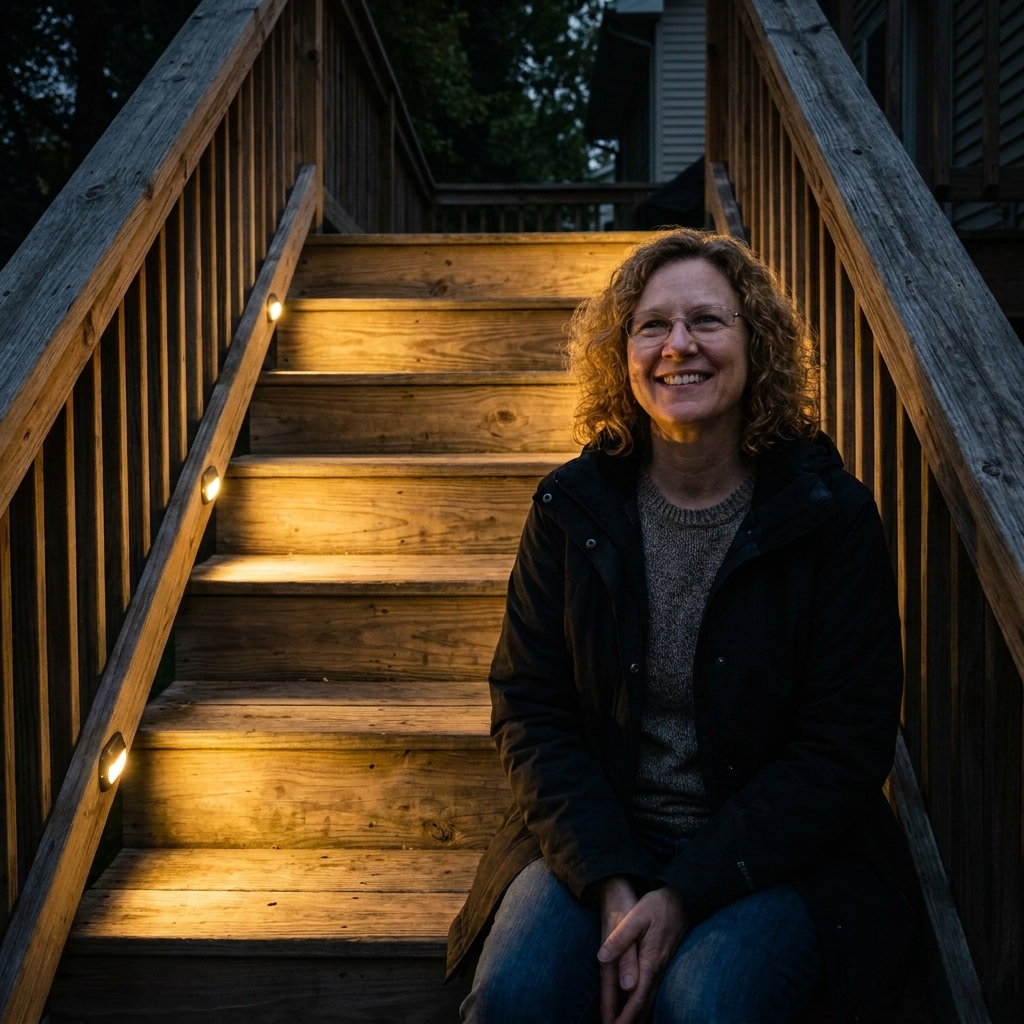A set of outdoor wooden deck stairs at night with small side-mounted lights along the stair stringer, casting soft pools of warm light onto each step