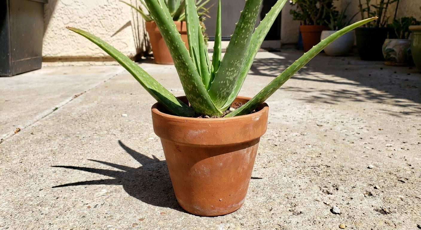 A single aloe vera plant in a classic terracotta pot on a bright, sunlit patio, with sharp leaf shadows cast on the concrete