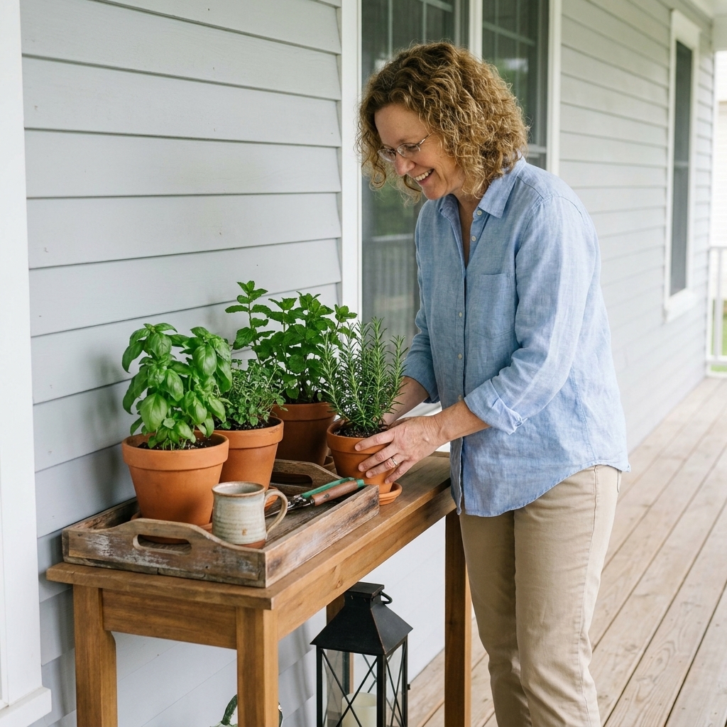 A slim outdoor console table against a porch wall, styled with potted herbs, a tray, and a lantern, leaving clear walking space