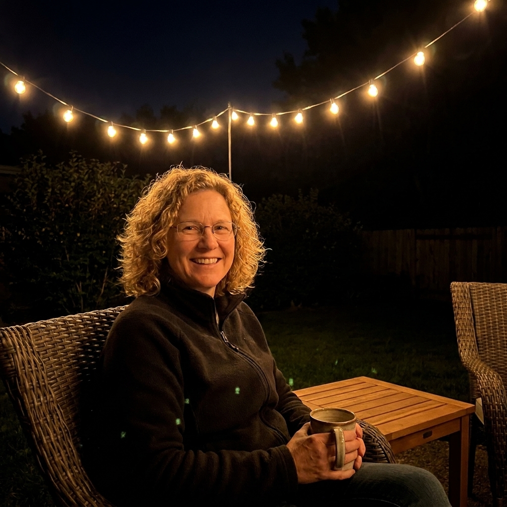 A small backyard patio with warm low-lumen bistro string lights hung in a gentle zigzag above a seating set, with the surrounding yard remaining mostly dark