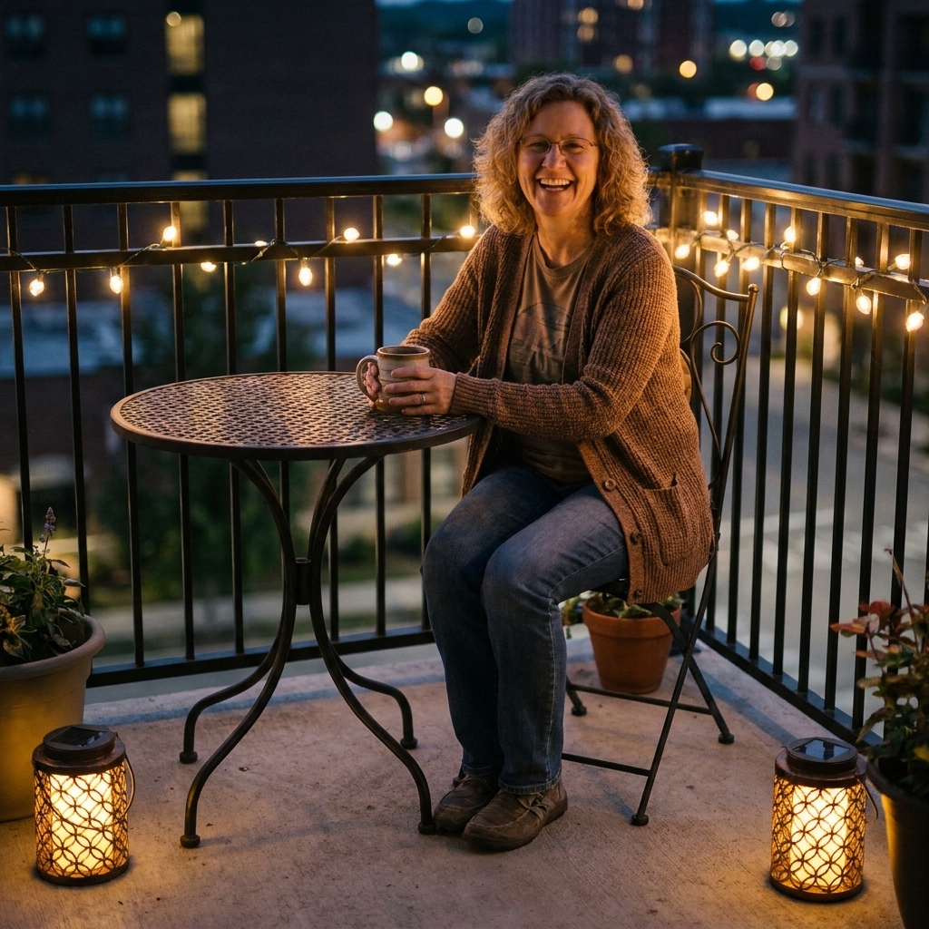 A small balcony with a bistro table, warm solar string lights along the railing, and two glowing solar lanterns in the corners