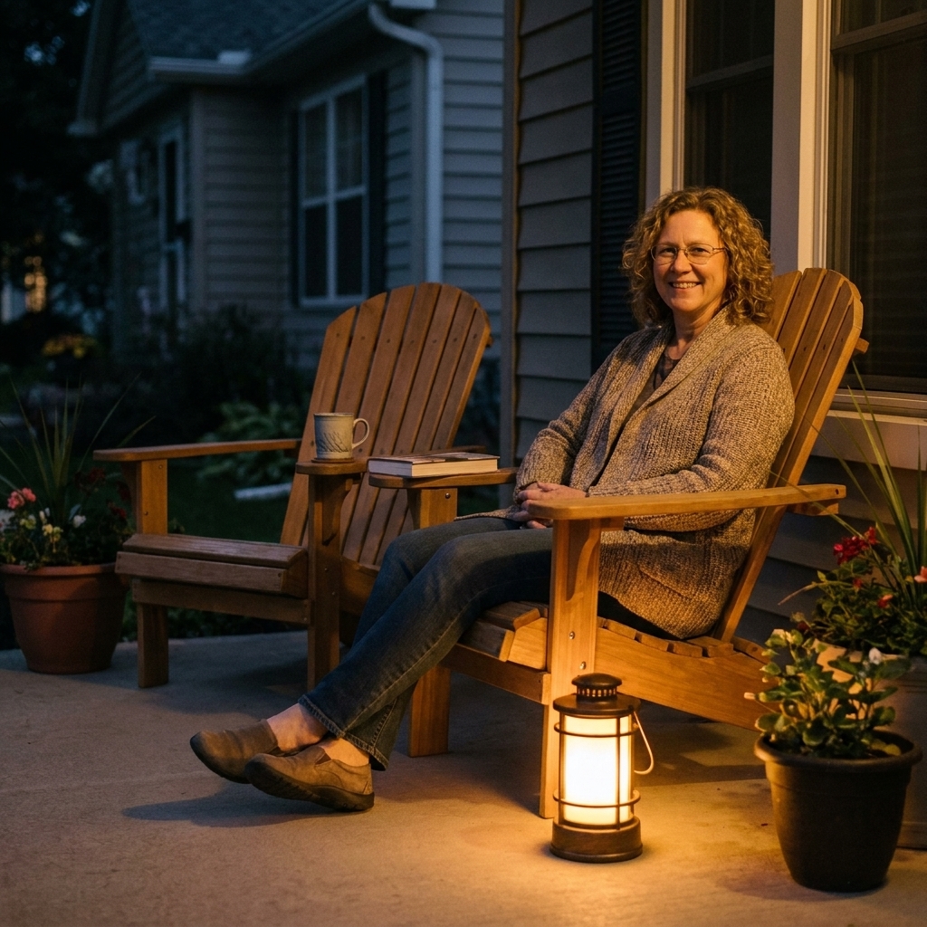 A small front porch seating area with two chairs, a petite table, and a warm-glowing lantern placed near the chair legs for evening ambiance
