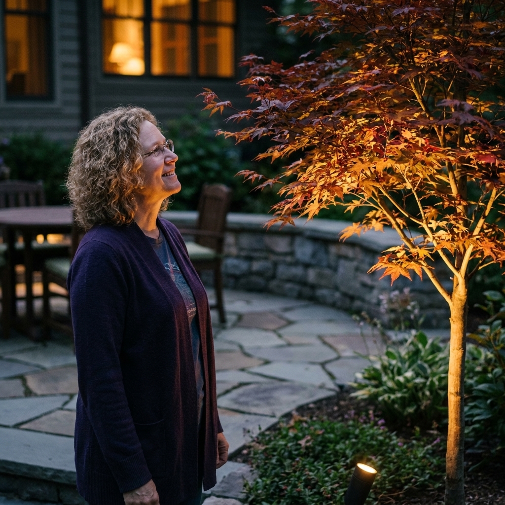 A small ornamental tree beside a patio softly illuminated from below by a hidden spotlight, creating a warm canopy glow at dusk