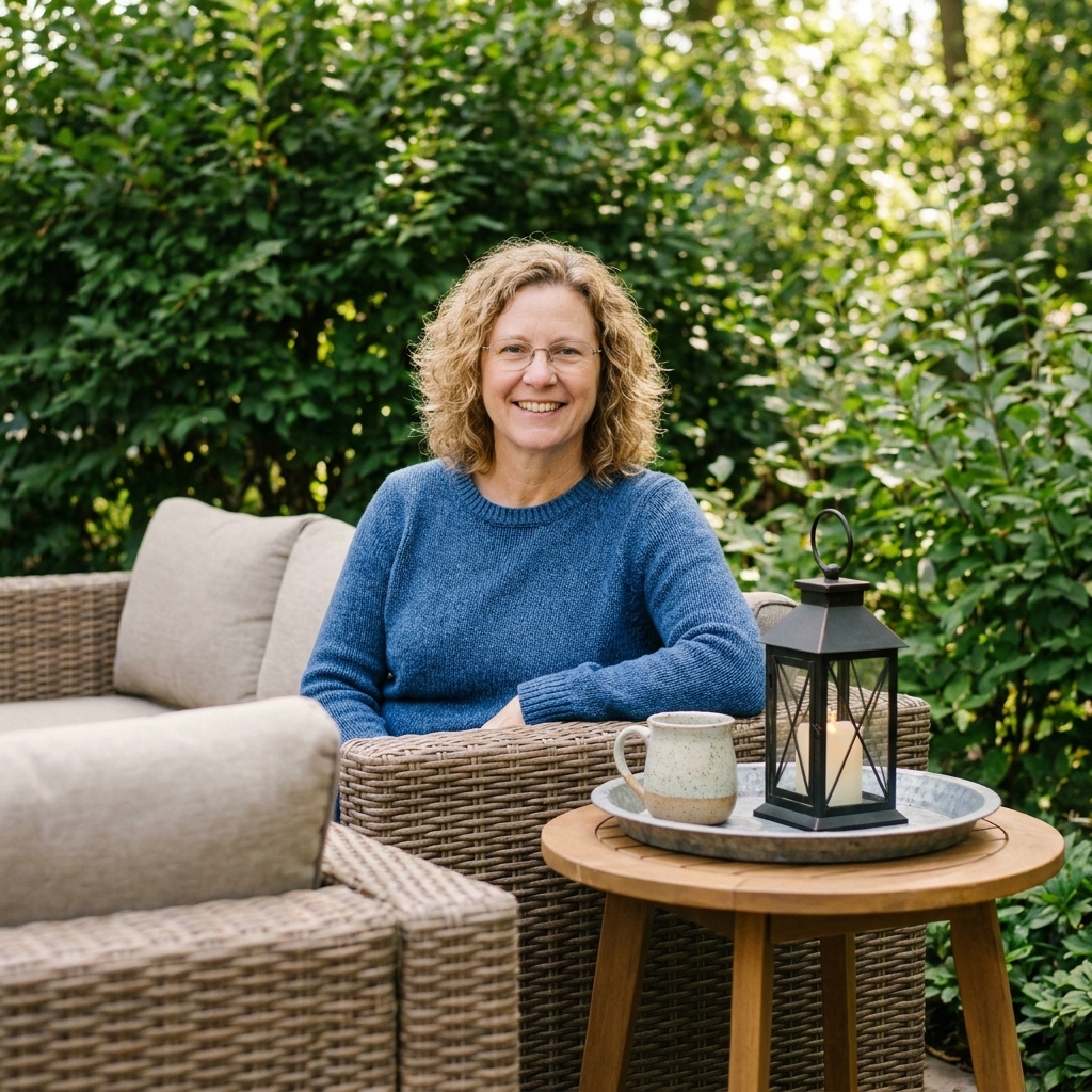 A small outdoor side table beside a patio sectional holding a tray, a lantern, and a ceramic mug, with greenery in the background