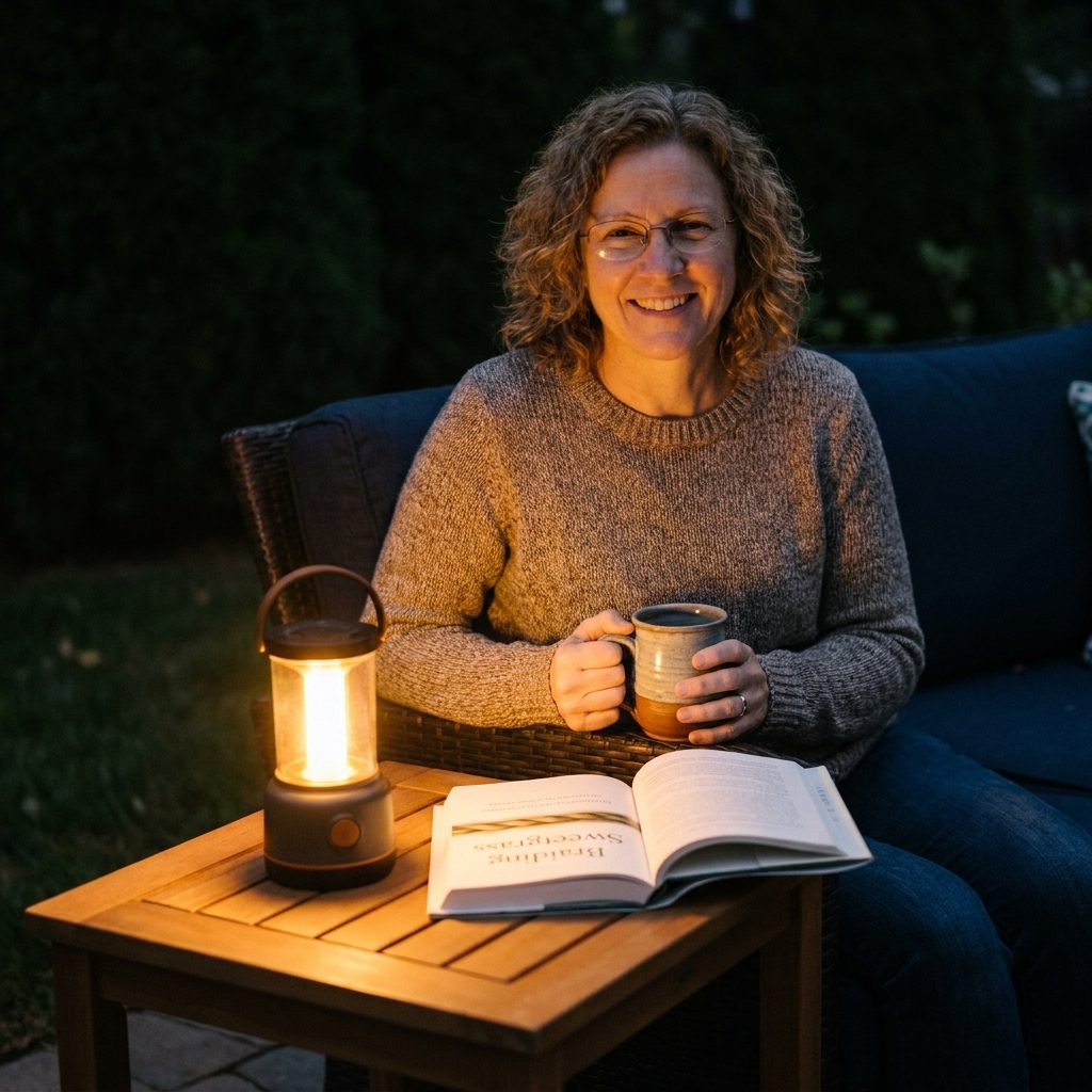 A small outdoor side table on a patio with a rechargeable lantern casting warm amber light next to a mug and a book
