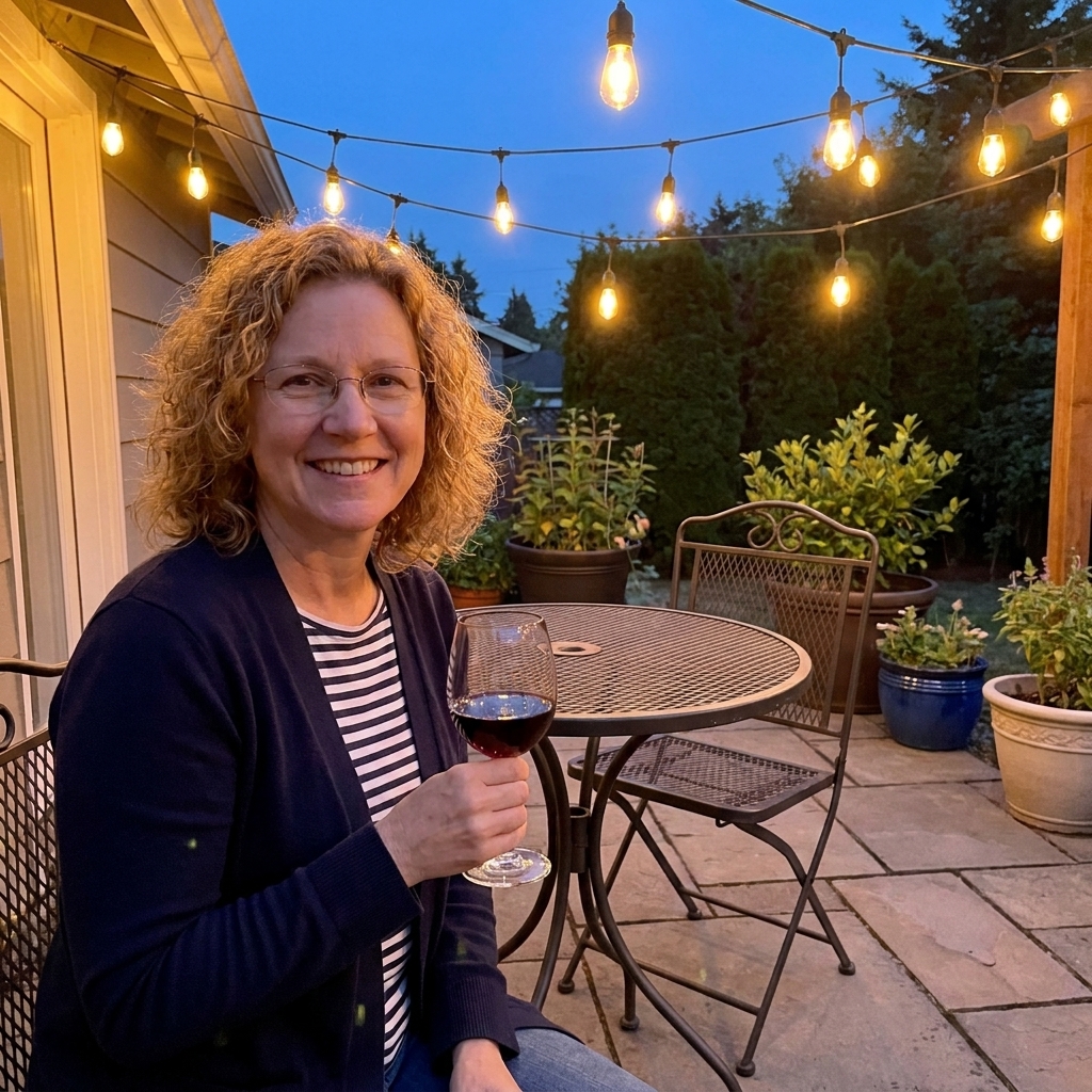 A small patio at dusk with warm café string lights glowing above a seating area with two chairs and a small table