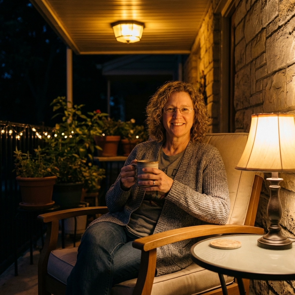A small patio seating area lit with warm 2700K light from a shielded ceiling fixture and a shaded table lamp, with soft shadows and a calm nighttime mood